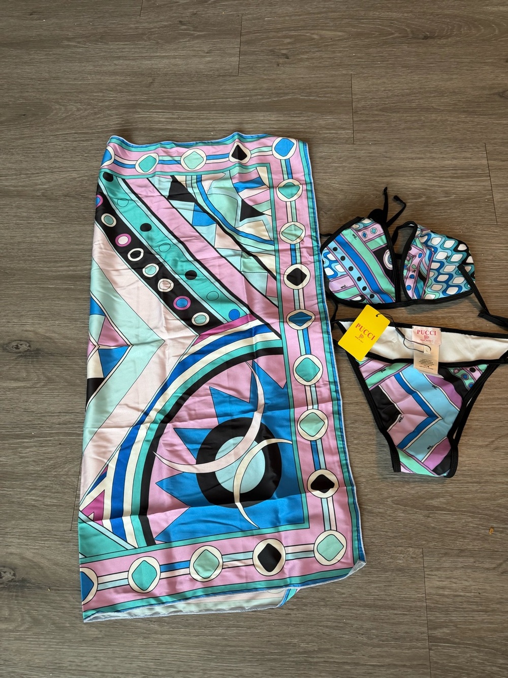 Emilio Pucci Girls' Multicolor Geometric Bikini & Sarong Set - Pink/Blue